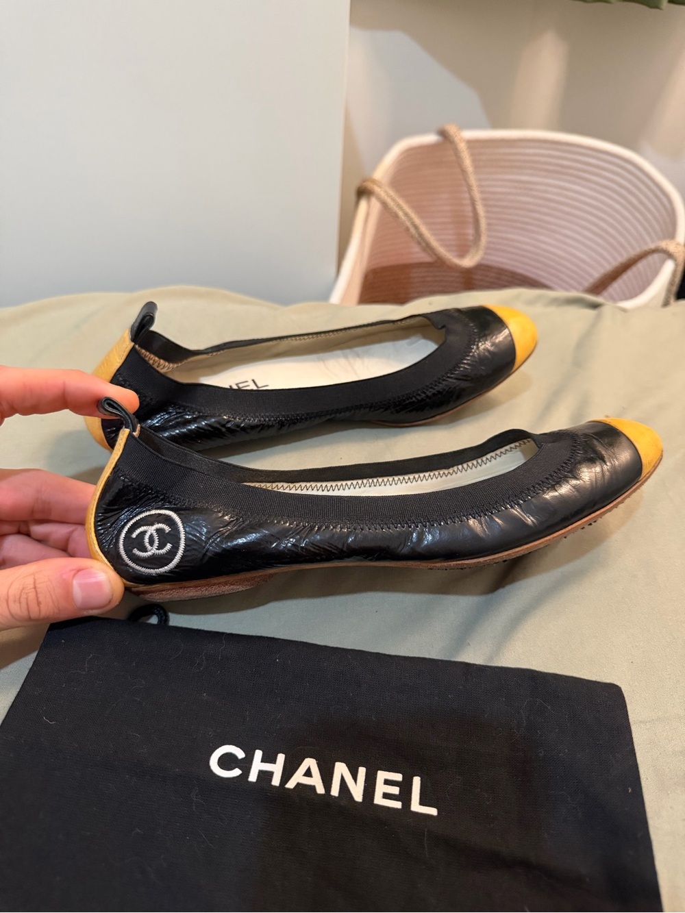 CHANEL Black and Yellow Cap-Toe Leather Ballet Flats